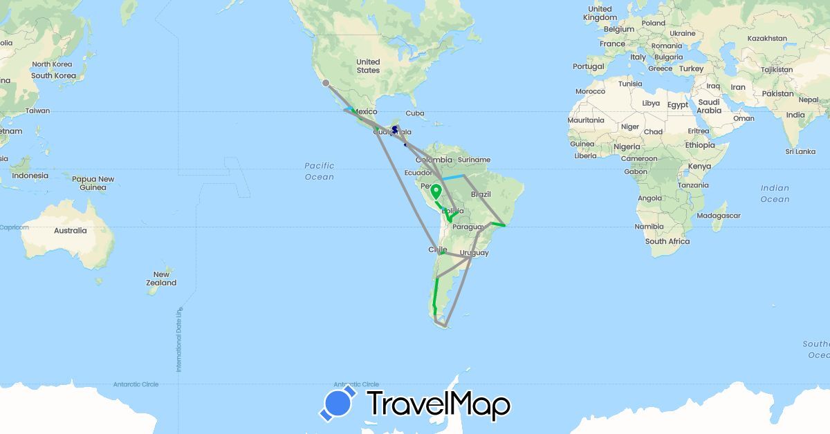 TravelMap itinerary: driving, bus, plane, boat in Argentina, Bolivia, Brazil, Belize, Chile, Colombia, Costa Rica, Guatemala, Mexico, Peru, United States (North America, South America)